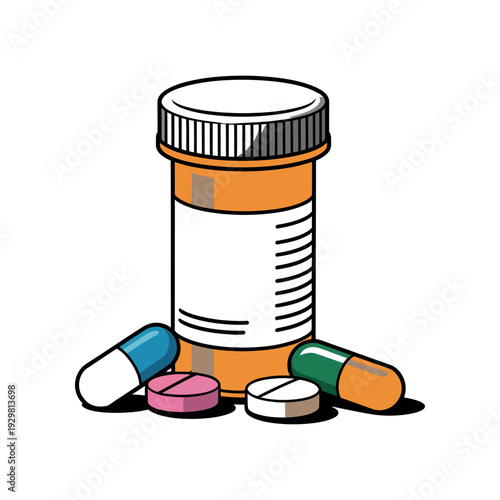 A cartoon illustration of a pill bottle with various colorful pills scattered around it