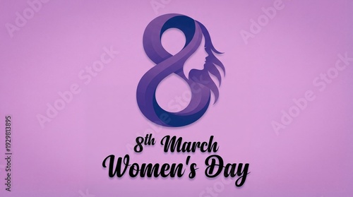 A purple graphic design celebrating International Women's Day on March 8th with a stylized number 8 and a woman's silhouette
