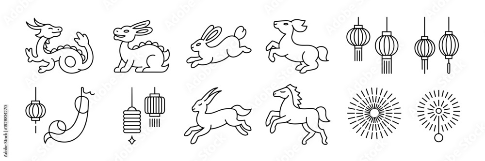 Fototapeta premium Monoline vector icons of Lunar New Year symbols – Suitable for architectural graphics, stylish apparel, or modern digital assets.