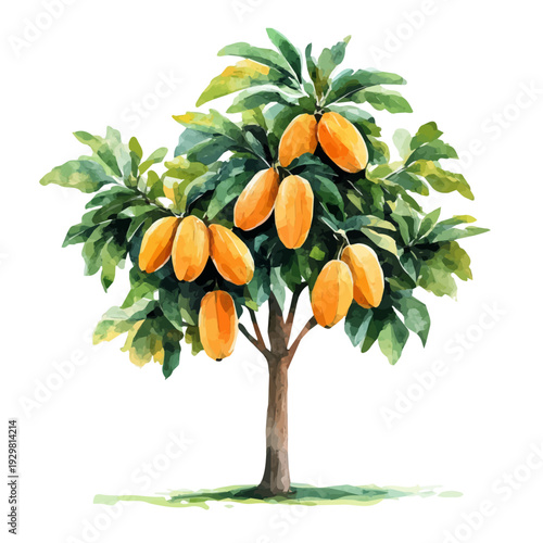 Papaya Tree, watercolor painting with colorful accents, isolated on a white background.