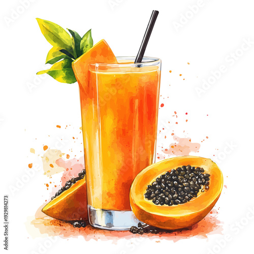 Papaya Juice, watercolor illustration featuring soft shadows and luminous, isolated on a white background.