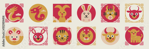 Festive New Year social media icons with minimal animal glyphs