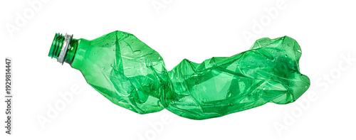 Crushed green plastic bottle for recycling isolated, environmental waste reduction concept