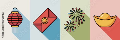 Clean flat design Chinese New Year web icons – Perfect for festive website banners, e-commerce promotions, or user interface design.