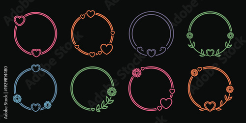 Collection of Eight Decorative Circular Frames with Floral and Heart Motifs borders round