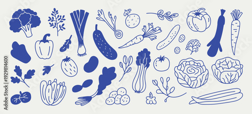 Collection Of Hand Drawn Blue Vegetable And Leaf Illustrations On A Light Background vegetables food