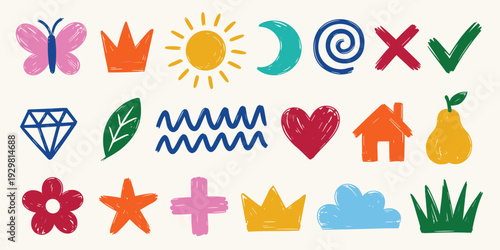 Collection of Hand Drawn Doodle Icons and Symbols With a Childlike Artistic Style