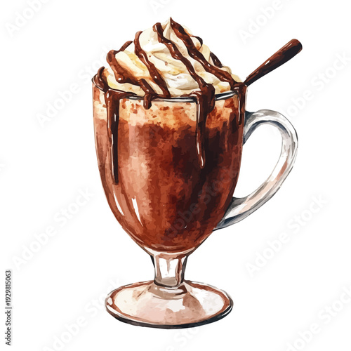 Nutella Hot Chocolate, watercolor illustration featuring soft shadows and luminous, isolated on a white background.