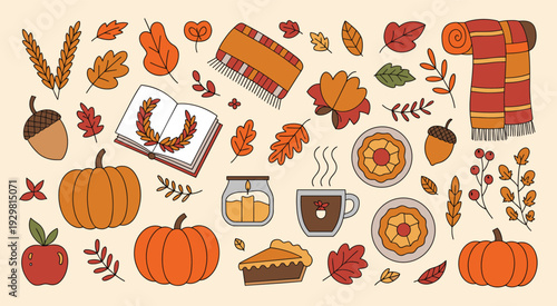 Cozy Autumn Elements Collection With Pumpkins Scarves And Pies fall season