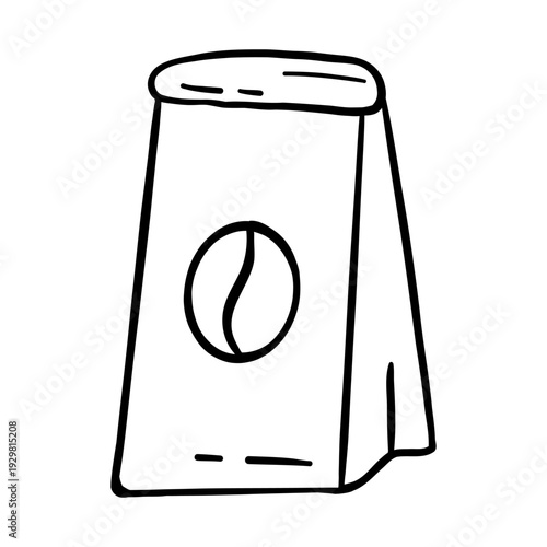 Vector hand drawn coffee bean bag on white background. Simple black and white doodle packaging illustration for cafe branding, roastery logo, label, menu, sticker and product design.
