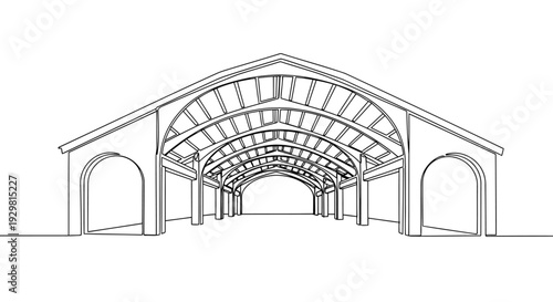 Market Hall Single Continuous Line Icon, Minimal Barrel Vault Covered Bazaar Outline