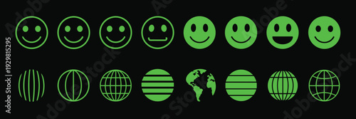 Green Smiley Faces and Globe Icons on Black Background illustration