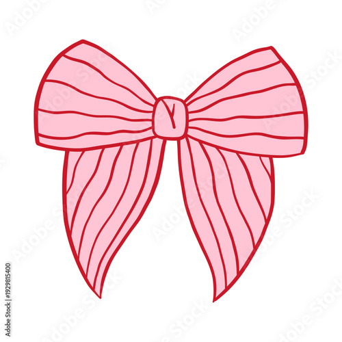 Vector cute pink ribbon bow illustration with wavy stripe texture and bold red outline. Charming coquette accessory icon for girly branding, stationery, sticker and holiday design. Pretty bow element.