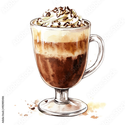 Mocha Hot Chocolate, watercolor vector depicting playful antics, isolated on a white background.