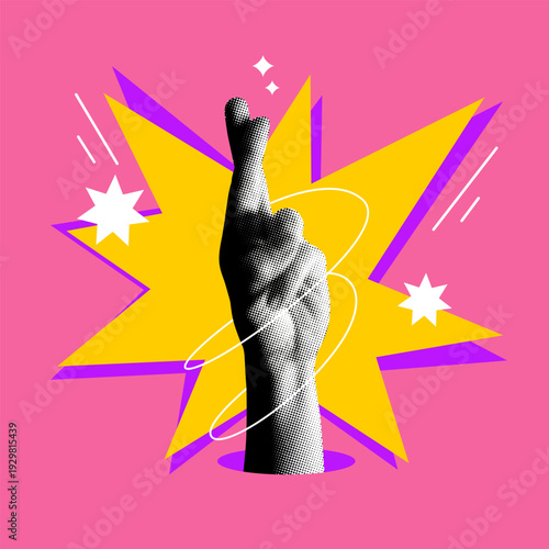 Cross your fingers for good luck. Modern collage with halftone hand with crossed fingers. Hand gesture. Lucky sign. Concept of optimism, hope. Make a wish. Fortune and promise