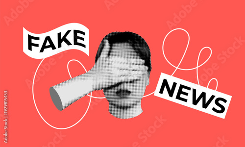 Fake news concept. Halftone woman with eyes covered by hand. Information overload. Influence of social media. Modern collage. Disinformation and brainwashing