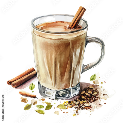 Masala Chai, watercolor clipart showing delicate textures and whimsical forms, isolated on a white background.