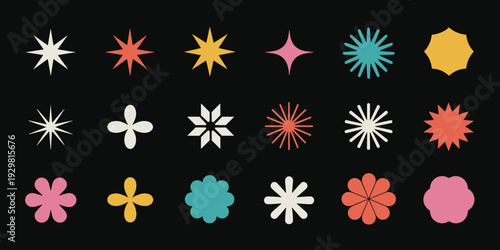 Retro Starburst and Flower Shapes in Various Colors on Black Background icon