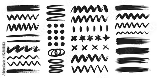 Set of Black Hand Drawn Brush Strokes and Scribble Shapes on a White Background