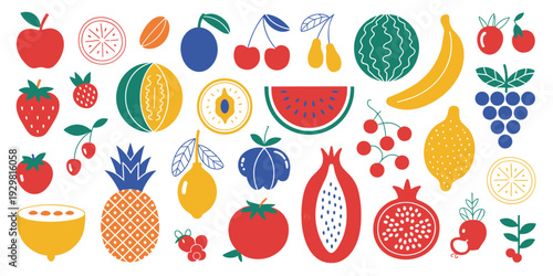 Vibrant Flat Design Collection of Fresh Fruits and Berries on White Background apple orange slice