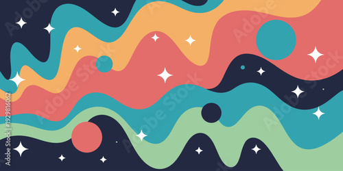 Vibrant Abstract Wavy Background with Stars and Circles in Retro Colors