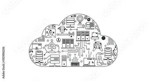 Cloud computing technology concept with server database storage and network icons in black and white flat design