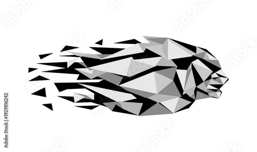 Low poly geometric lion head in motion with dynamic triangular fragments