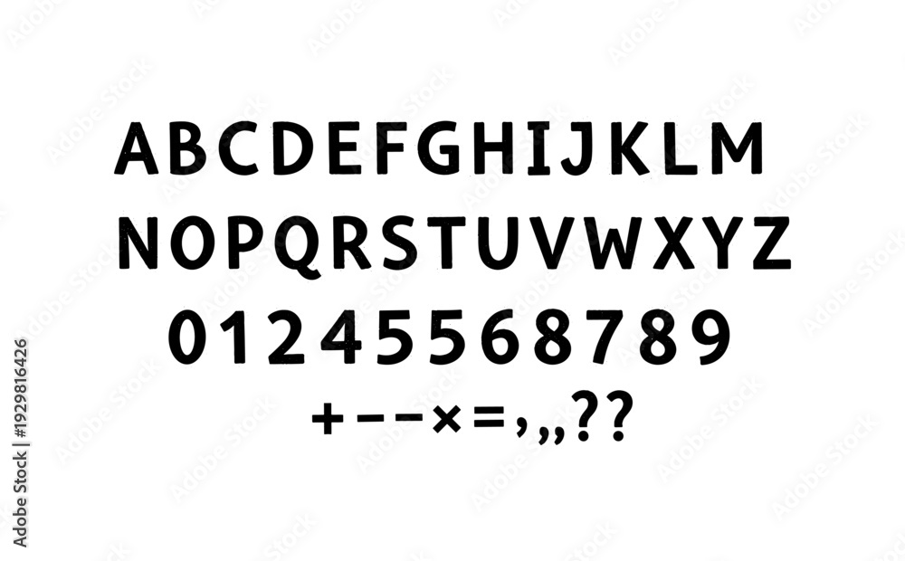 Obraz premium Bold sans serif alphabet and numbers set with simple symbols