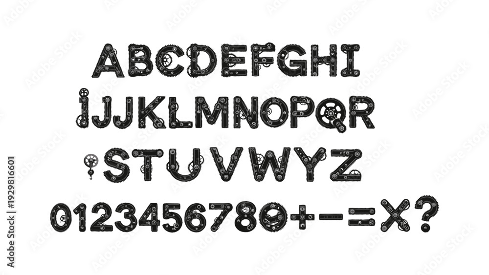 Obraz premium Intricate mechanical alphabet and numbers with gears and cogs design