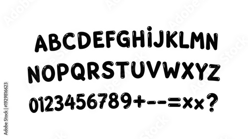 Bold bubble font alphabet and numbers with symbols on white background
