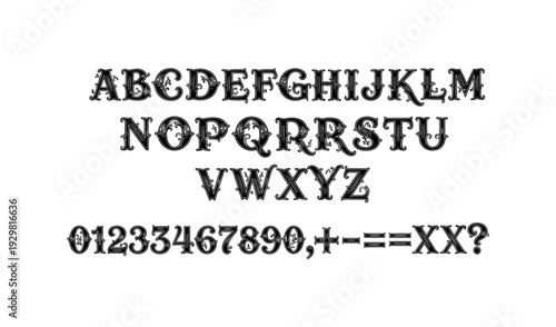 Vintage ornate alphabet and numeric typography with decorative details