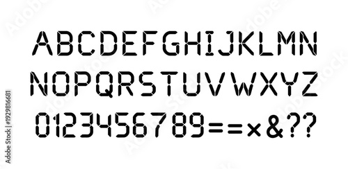 Digital dot matrix font alphabet and numbers in monochrome style