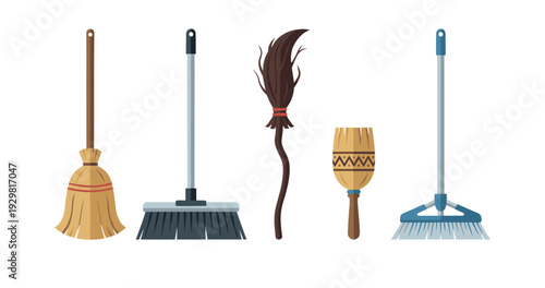 Brooms set display different types of cleaning equipment, including household mops and a magic besom, flat vector illustration