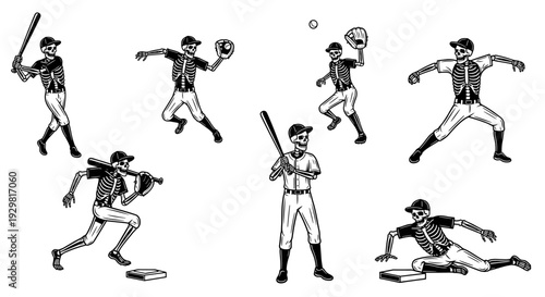 Dynamic Baseball Player Poses Collection in Hand-Drawn Style.