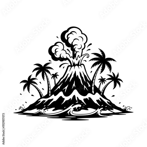 Volcanic eruption on a tropical island with palm trees.