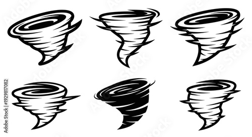 Set of six stylized tornado and hurricane icons.