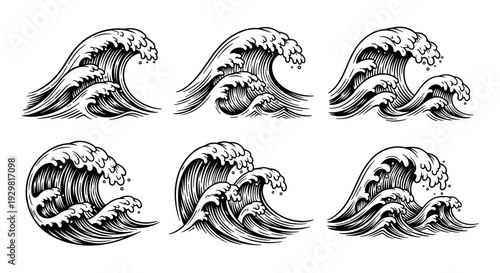 Set of Hand-Drawn Ocean Waves in Engraving Style.