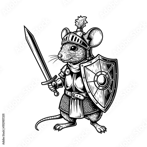 Brave mouse knight in full armor holding sword and shield.