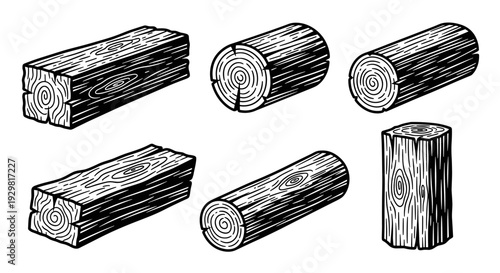 Set of Hand-Drawn Wooden Logs and Lumber Pieces.