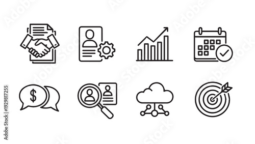 Business Icons Set: Handshake HR Graph Calendar Chat Search Cloud TargetStock Vector