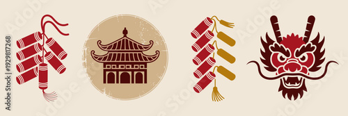 Distressed red and gold Chinese New Year icons – Ideal for rustic marketing, historical education, or retro social media.