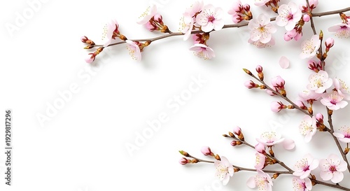 Beautiful pink flowers on branch with white background representing spring season