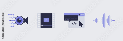 Flat design AI content creation icon sheet with audio waveform
