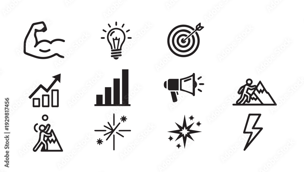 Fototapeta premium Business Motivation Icons Set: Success Strength Ideas Goals Growth Energy