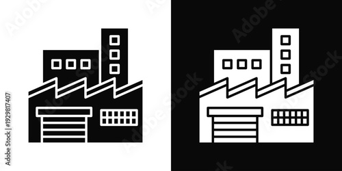 Factory Building Icon In Black And White Filled Style.
