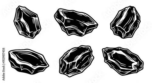 Set of hand-drawn black and white illustrations of various rough, unpolished stones or crystals.