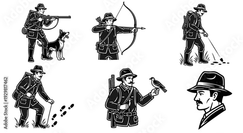 Vintage Hunter and Outdoorsman Collection - A Set of Six Detailed Illustrations.