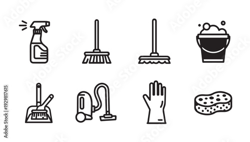 Cleaning Tools Icons Set: Spray Bottle Brooms Bucket Vacuum Glove Sponge