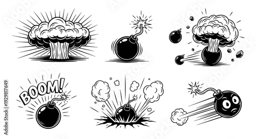 Vintage Comic Style Bomb and Explosion Illustrations Set.