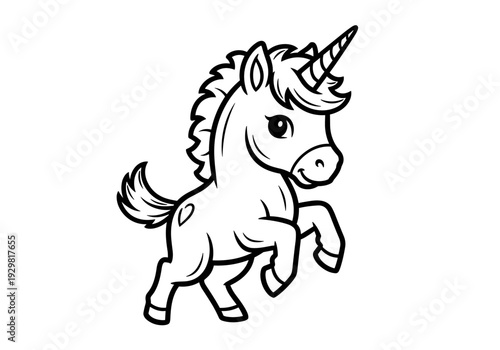 Cute Cartoon Unicorn Rearing Up Line Art Illustration.